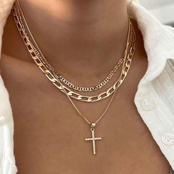 3for$20 1pc Multi-Layered Women's Metal Cross Pendant Necklace - Picture 2 of 3